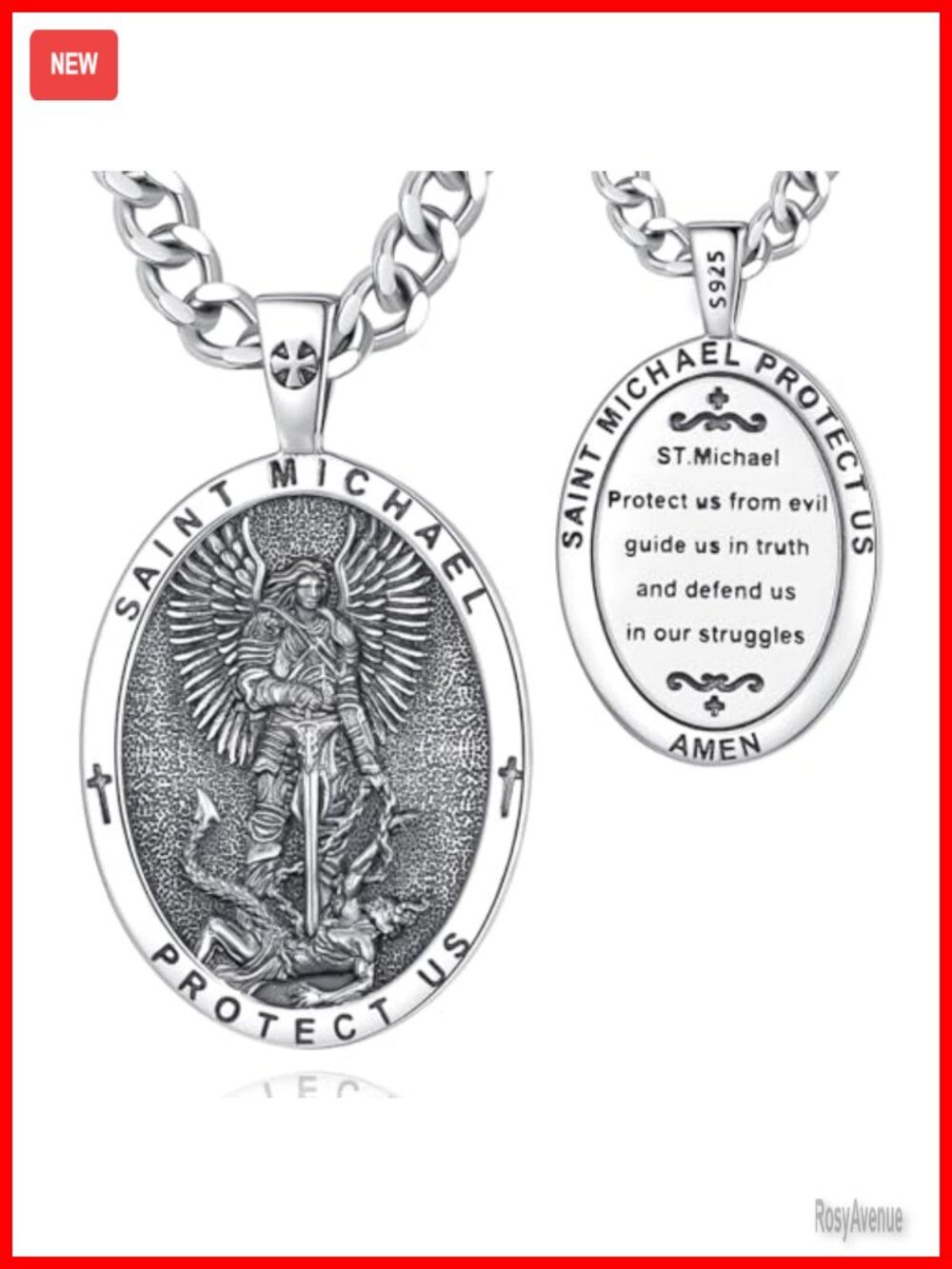 925 Sterling Silver St Michael Archangel Medal Pendant Necklace